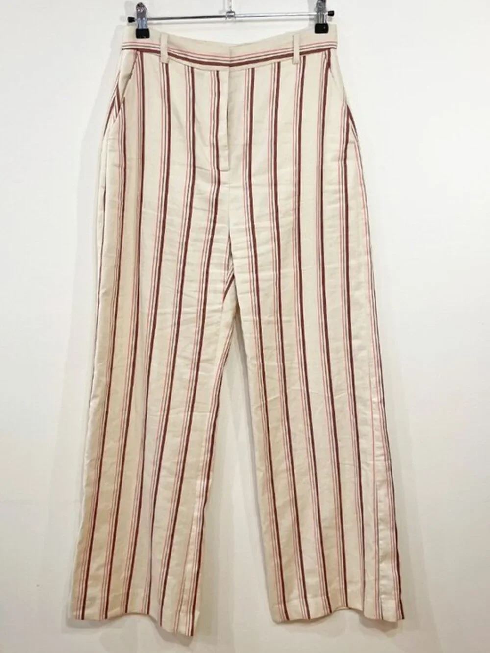 EUC Sezane Matheo Striped Linen Cotton Wide Leg Pant Ecru Brown 38, 6